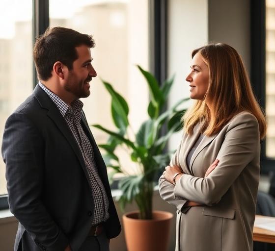 Two colleagues discussing a project in a modern office